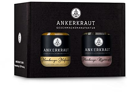 Ankerkraut Box für Fischköppe, mit Hafencurry und Kapitänspfeffer aus Hamburg, im Korkenglas