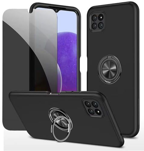 Dechyi Privacy Coque pour Samsung Galaxy A22 5G Housse Etui avec Anti-Espion Verre trempé avec Support de Bague résistant aux Chocs résistant aux Rayures PC Silicone Heavy Duty-Noir