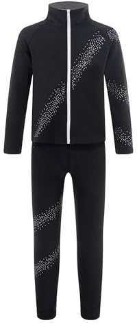 iiniim Kinder Mädchen Sport Trainingsanzug Langarm Sweatjacke + Hose Leggings Glitzer Eiskunstlauf Anzug Yoga Gym Eislaufen Tanzkleidung B Schwarz 134-140