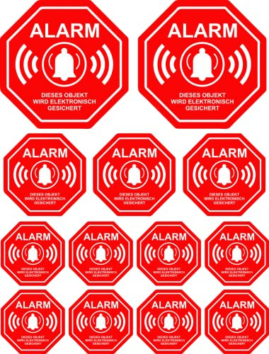 13 Aufkleber - Alarmgesichert -Stickerbogen - Einbruchschutz Alarmanlage Warnschild - Hinweisschild AD13