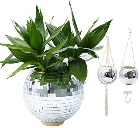 RUBY.Q Disco Ball Planter, 8 Silver/Rose Gold Disco Planter, Disco Ball Plant Hanger with Rope Chain Circle (8, Silver)