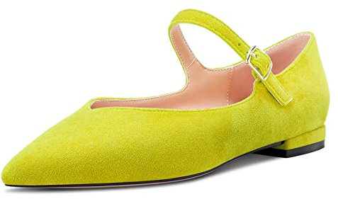 NobleOnly Mujer Cerrado el Dedo del pie Puntiaguada Punta Bajos Heel Cierre con Hebilla Pumps Oficina Fiesta Dress Mary Jane Zapatos 1 CM Heels Verde Lima Ante 42 EU