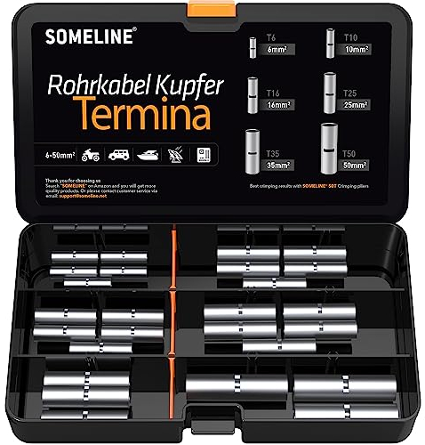 SOMELINE Rohrkabelschuh-Kits der T-Serie - Stoßverbinder - Kabelschuhe - Batteriekabelschuh - Quetschverbinder - geeignet als Kabelverbinder für Kfz - 6-50mm² - Crimp von Kabel Drahtkabel