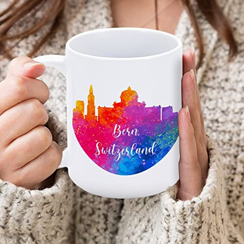 Yelolyio Kaffeetasse aus Keramik, Motiv: Schweiz Bern, Regenbogen-Skyline, 425 ml, Aquarell, Kunst, Stadtbild, humorvolle Tee-, Milchsaft-Tasse, Geschenk für Geburtstag, Kollegen, Mädchen, Jungen