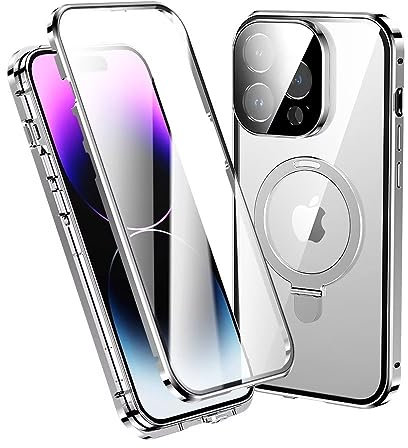GOOVEN Double-Sided case for iPhone 14 Pro Max, Compatible with Magsafe Charging Magnetic Adsorption + Lock Ring Stand HD Tempered Glass Film Lens Protector Aluminum Bumper（Silver）
