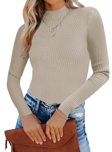 Famulily Women's Basic Mock Turtle Neck Jumpers Slim Fitted Long Sleeve Pullovers Sweater Tops (XL, Beige)