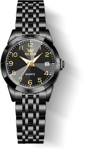 OLEVS Damen-Armbanduhr, britisches Business-Kleid, klein, Edelstahl, analog, Quarz, Datum, wasserdicht, Schwarz, Armband