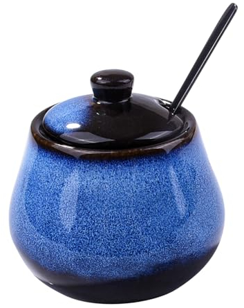 BOSILI Blue Ceramic Sugar Bowls with Lid Seasoning Container with Stainless Steel Spoon for Spice Salt