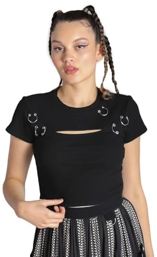 Hell Bunny Crop Top Taylor Cyber Punk Metal Piercing Oberteil, Größe:XL