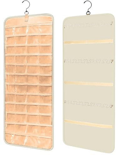 Ritte Organizador Colgante Para Joyas Doble Cara Organizador De Pendientes Colgador De Pendientes Para, con 48 Bolsillos y Ganchos (Beige)