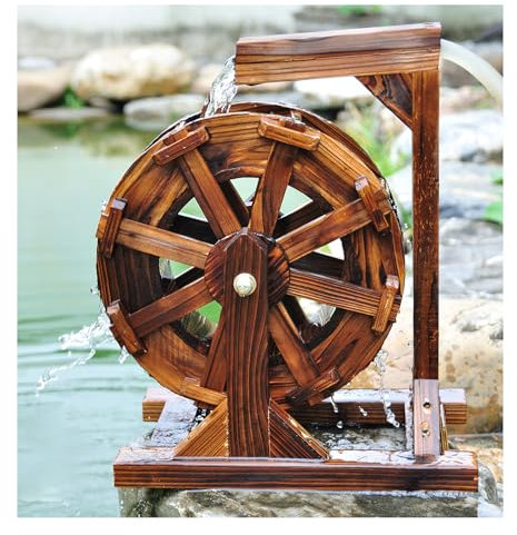 JTWWDM Gartenbrunnen Aus Holz Mit Wasserrad, Retro-Wasserrad-Dekoration für Den Außenbereich, Wasserfall-Dekoration Aus Holzrädern für Den Innenbereich Steingarten Fischteich,30cm
