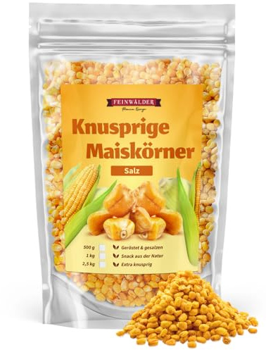 Feinwälder® 1kg Geröstete Maiskörner extra knusprig - Gerösteter Mais-Snack gesalzen für Party´s oder unterwegs - Maissnack, Mais-Körner (1 kg, Salz)