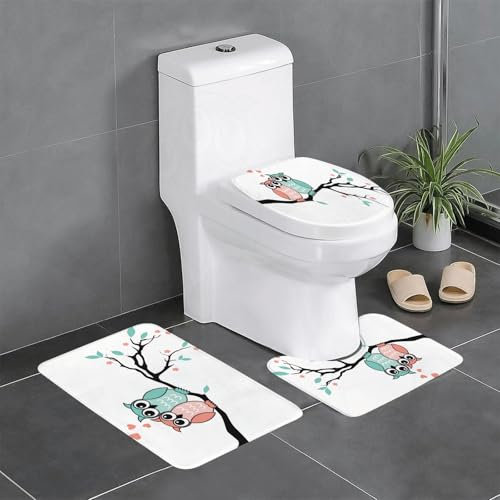 EYLOZS Badezimmerteppich Set 3 Teilig Waschbar rutschfeste Badematte Toilettenmatte Weich Saugfähige Badteppiche,Eule mit Herzen EIN Zweig