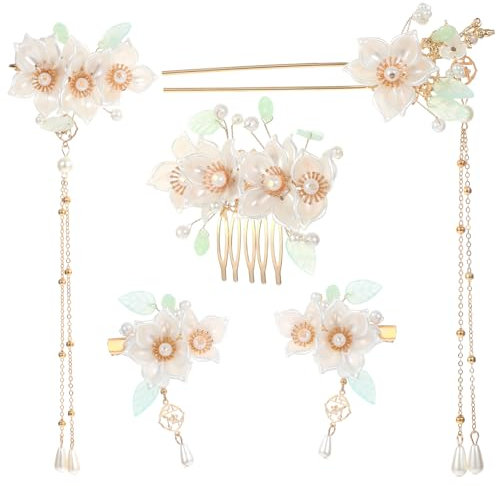 Lot de 5 pinces à cheveux en forme de fleur de camélia avec perles - Accessoire de cheveux rétro chinois Hanfu - Accessoires pour cheveux de mariée - Peignes latéraux pour femmes et filles - Pour