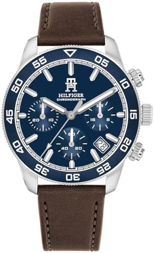 Tommy Hilfiger 1792163 TH85 Chronograph in Blau und Braun für Herren, Quarzuhrwerk, Gehäuse aus Edelstahl, wasserdicht bis 5 ATM, Silber, Riemen