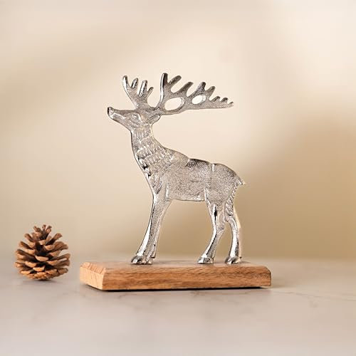 Marco Paul Large Wooden Silver Stag Reindeer Ornaments for Dining Table Decorations Centrepiece, Christmas Fireplace Hearth Ornaments, Gifts and Decorations for Home Wedding Accessories (Silver Stag)