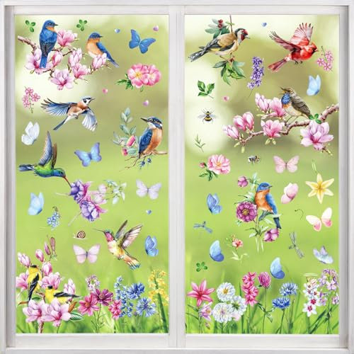 BOOMTOP 9 Blatt Fensterbilder Frühling Selbstklebend Fenster Aufkleber Blumen Vogel Schmetterling Fenster Abziehbilder Sticker Kinderzimmer Fenster Deko Aufkleber Party Dekoration