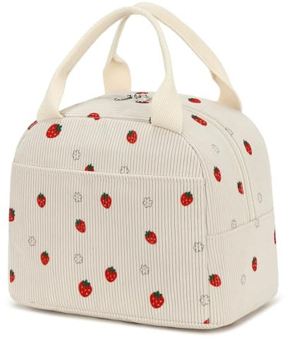 EurCross Corduroy Insulated Lunch Bag for Girls Teens Adult,Potable Handbags with High Cooler Capacity for School Work Travel Beach Daily Use, Cute Strawberry Beige