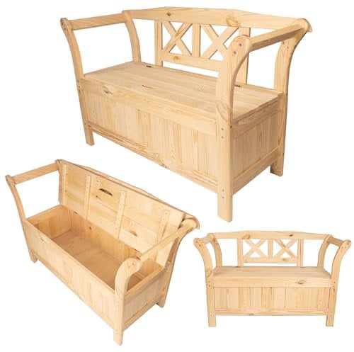 KADAX Banc de Jardin – 119 x 45 x 73 cm – en Panneau de Fibres de Bois – avec Espace de Rangement et Dossier – Résistant aux intempéries – pour Jardin, Balcon – Naturel