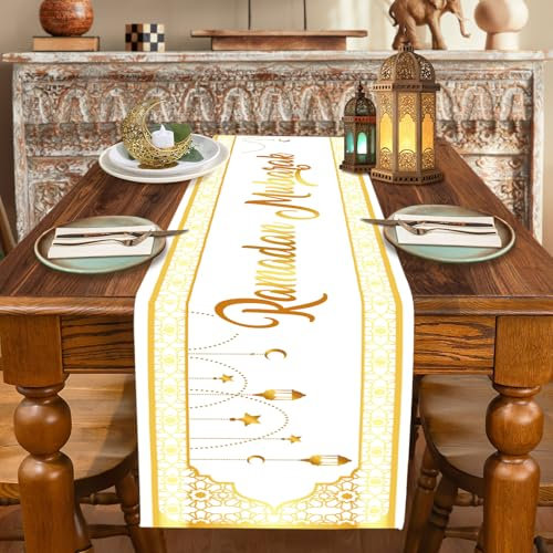 Ramadan Eid Mubarak Tischläufer Gold, Ramadan Deko Eid Mubarak Tischdecke Läufer 180 cm Lang Tischdeko Muslimische Islamische Iftar Tisch Deko (Ramadan)