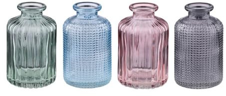Murago - 4er Set Mini Glas Vase Flaschenform - Glasvasen Blumenvase für Pampasgras klein mini Blumen Deko für Hochzeit Verlobung Tischdekoration bunt Pastell rosa grün blau grau