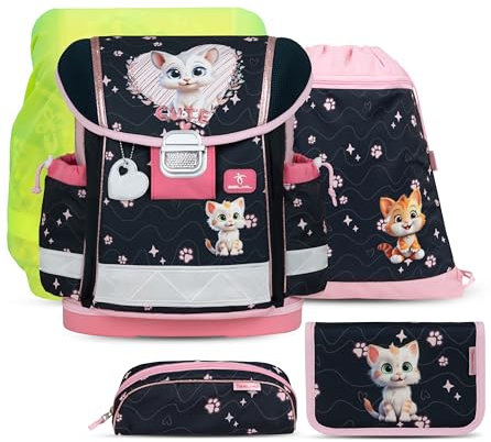 Belmil Schulranzen Set 403-13/AG/S/R 5 - teilig ergonomischer Schulranzen Set mit Regenschutz 1. klasse 2. klasse 3. klasse - Super Leicht 930-990 g/Grundschule (Cute Kitten 2)