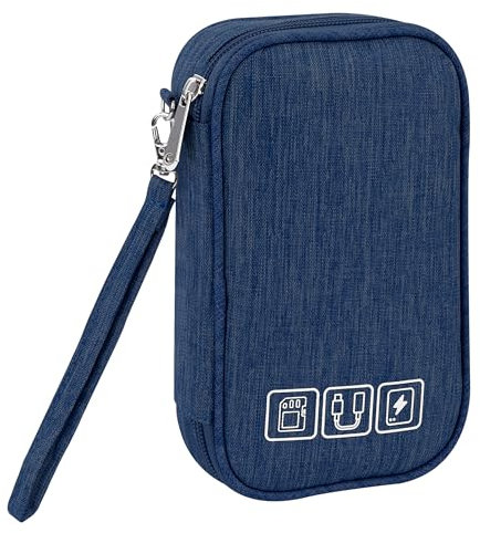 Tunejoy Sac de Rangement Câbles Petit Electroniques Portable Pochette Rangement Imperméable Organisateur pour Banque d'alimentation Fil d'écouteur USB 18,5x11,5x2,5 cm Bleu Foncé