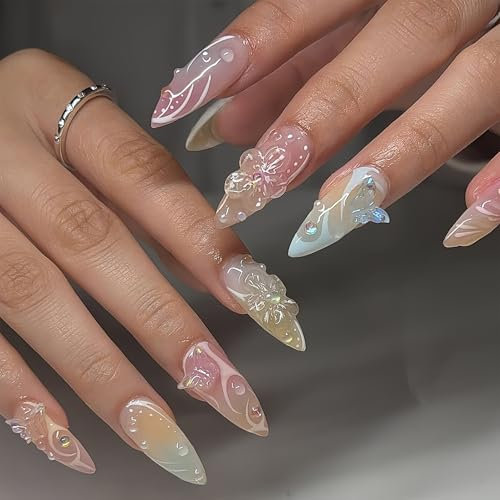 3D Handgemachte Künstliche Fingernägel - 24 Pcs Medium Press on Nails Almond - Colorful Farbverlauf Falsche Nägel mit Schmetterling Blume - Niedliche Kunstnägel Zum Aufkleben für Frauen Mädchen