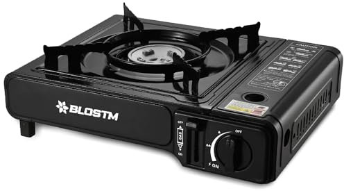 BLOSTM Portable Camping Gas Stove - Single Burner Camping Stove with Automatic Ignition System, Temperature Control, Use with Butane or LPG, Small Gas Hob for Fishing, BBQ, Caravan Outdoor Camp Cooker