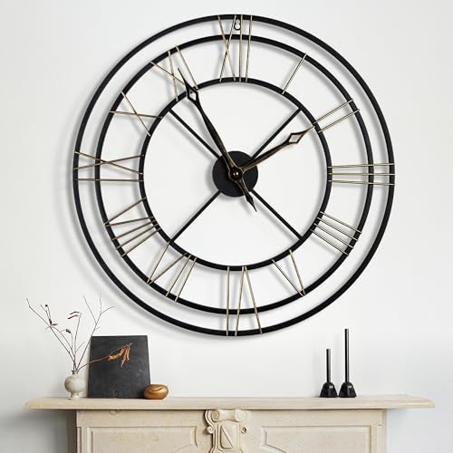 Maxstar 80cm Oversize Large Wall Clock,Nearly Silent Modern Metal Skeleton Round Roman Numeral Design,Battery Operated for Living Room,Bedroom,Office,Shop Decor (Black,32 Inch)