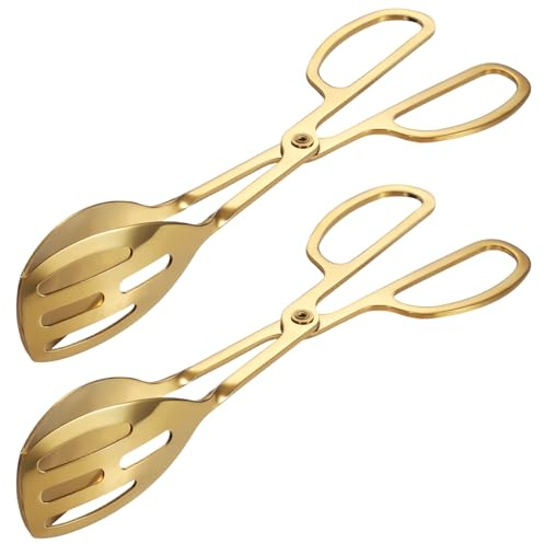 2 pinze per alimenti in acciaio inox dorato, utensili da portata per insalata, con comodi manici a doppio anello, 24 cm, testa larga a doppia faccia per feste, matrimoni e uso quotidiano