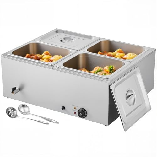 VEVOR Calentador de Alimentos 1500 W, Eléctrico, Acero Inoxidable, con Vapor y Tapa, a 4 Bandejas de Calentamiento Rápido, a Buffet de Encimera, Baño María con Cucharones para Sopa y Perforados