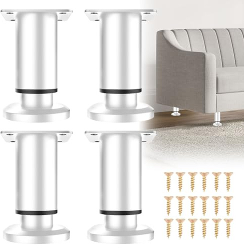 EUBSWA Pieds de Meuble Réglables 8-12cm Acier Inoxydable Blanc Lot 4 | Supports pour lit, sommier, armoire, canapé. Base antidérapante, charge 300 kg. Vissage rapide. Anti-rayures
