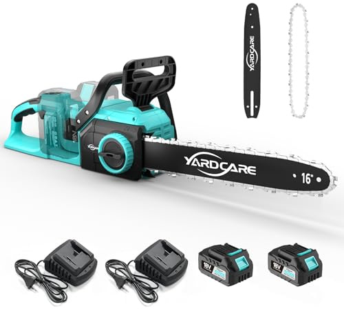 YARDCARE Motosega a batteria 16 pollici, motore brushless da 1600 W, velocità della catena 21 m/s, con display LED e 2× batterie da 4 Ah, tensionamento senza attrezzi e lubrificazione automatica