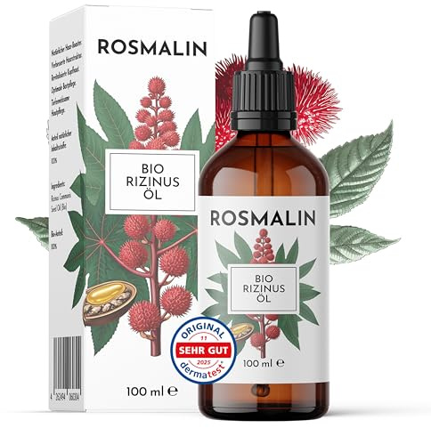 Rosmalin® Rizinusöl kaltgepresst Bio - Castor Oil Organic - Für Haare, Kopfhaut, Wimpern, Haut, Bart, Gesicht - kaltgepresstes & hexanfreies Öl - Pflegende Kopfhautbehandlung, 100 ml