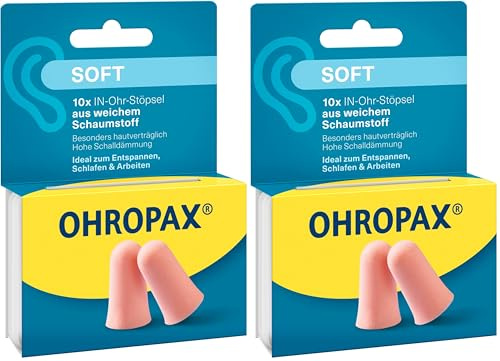 OHROPAX Soft Ohrstöpsel – IN-Ohr-Stöpsel aus weichem Schaumstoff – besonders unauffällig und bequem – Schalldämmwert SNR 31 dB – ideal zum Entspannen, Schlafen und Arbeiten – 10 Stück (Packung mit 2)