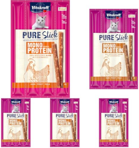 Vitakraft Pure Stick, Katzen Leckerli, fleischiger Stick, mit Huhn, einzelne Sticks, auch für ernährungssensible Katzen, ohne Zusatz von Zucker (1x 20g) (Packung mit 5)