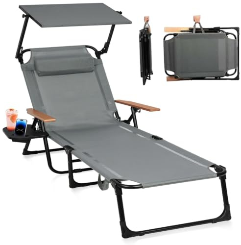 SANEIOUI Strandliege Klappbar Leicht, Gartenliege Wetterfest,Sonnenliege mit Rstellbarer Rückenlehne, Nackenkissen und Getränkehalter, Liegestuhl Für Balkon, Garten, Pool und Strand (Graues Vordach)