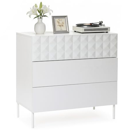 Hometopia Kommode Weiß mit Diamantmuster, 3 Schubladen Sideboard Holz für Schlafzimmer Wohnzimmer, 80 × 40 × 75 cm