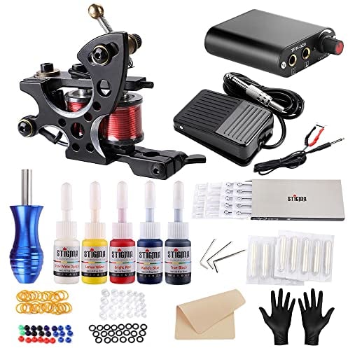 Stigma Tattoo Maschine Set Komplett Anfänger Spule Tätowiermaschinen 5er Tattoofarbe 20er Tattoo Nadeln Netzteil Tattoo Maschine Kit TK-ST110
