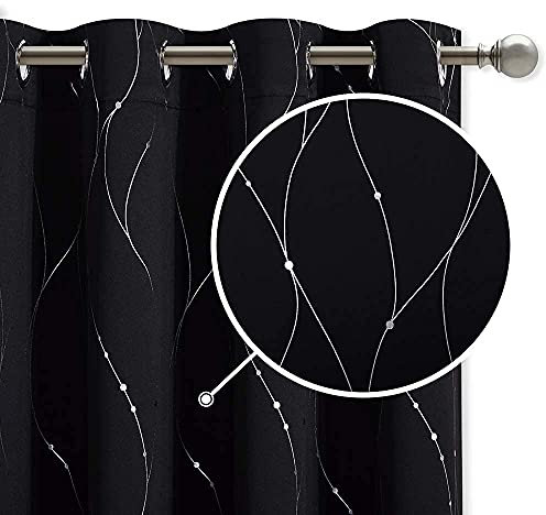 StangH Printed Blackout Curtains for Patio Door - Wave Line with Dots Printed Heavy Duty Thermal Insulated Curtains Soundproof Curtain Panels for Living Room, W52 x L95 inch, Black, 2 Panels