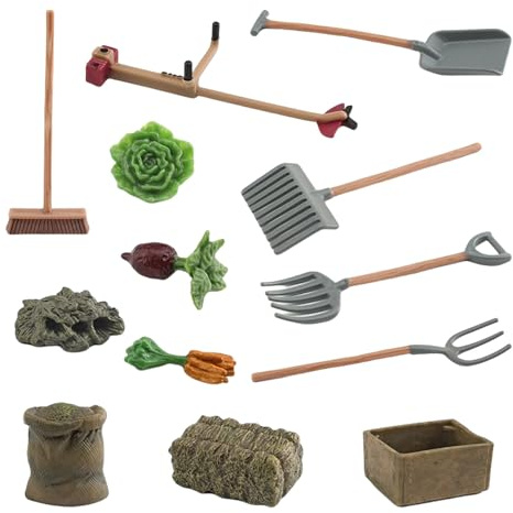 13-teiliges Miniatur Bauernhof Werkzeug Set, Schaufel Figuren Set für Puppenhäuser, Garten Außendekorationen und kleine Szenen Displays, Miniatur Bauernhof Werkzeuge, Modellbausätze