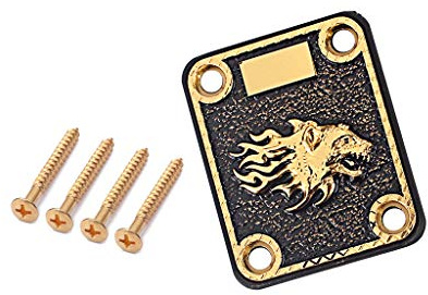 Alnicov Guitar Neck Plate,Gold and Black Neck Plate Engraved Animal Head Pattern for Electric Guitar