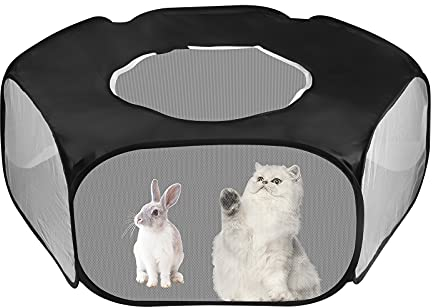 Haustier Laufstall Kleintiere Käfigzelt Faltbar Kleintierkäfig Tragbar Atmungsaktiv und Transparent Spielzelt für Innen und Außenbereich Kaninchen Hamster Chinchillas Kätzchen Hündchen (Schwarz)