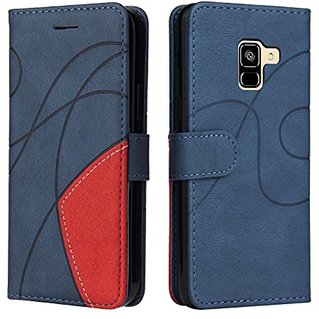 Fatcatparadise Kompatibel mit Samsung Galaxy A8 2018 / A5 2018 Hülle, Leder PU Brieftasche Handyhülle Flip Case Silikon Bumper Schutzhülle. Lederhülle mit Kartenfächern und Standfunktion (Blau)