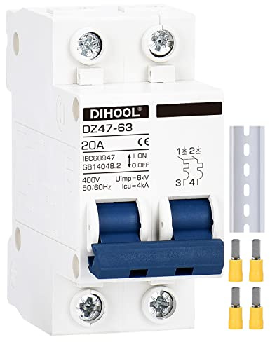 20A Leistungsschalter DZ47-63 2-polig C20 AC 230V 400V 50/60HZ 4KA Sicherungsautomat 35mm Hutschienen(AC200V-400V,2 polig,20 Amp)