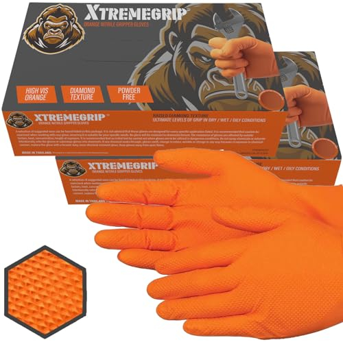 Xtremeauto Nitrile Gloves - Disposable Gloves, Diamond Grip Orange Gloves - Powder-free & Latex Free Nitrile Gloves, Extra Thick & Strong Rubber Gloves Mechanics Gloves (2 Boxes, Large)