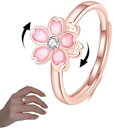TETHY Sakura Flower Spinner Ring, S925 Verstellbarer Spinner Ring, Linderung von Angst, Stress, Langeweile, beruhigende Sorge, Meditationsringe, Halskettenschmuck (Ring)