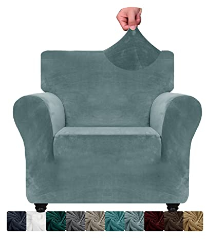 XINEAGE 1 Piece Velvet Chair Slipcovers for Living Room High Stretch Chair Covers with Arms Anti Slip Pets Friendly Couch Sofa Armchair Cover Furniture Protector (1 Seater, Stone Blue)