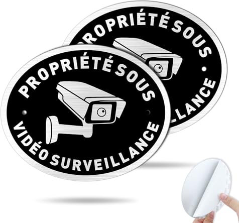 Goodvia Adhésif Panneau Propriété Privée sous Surveillance Vidéo Ovale 15x12cm Aluminium Brossé avec Trous Pré-percés Noir Classique/2 pièces
